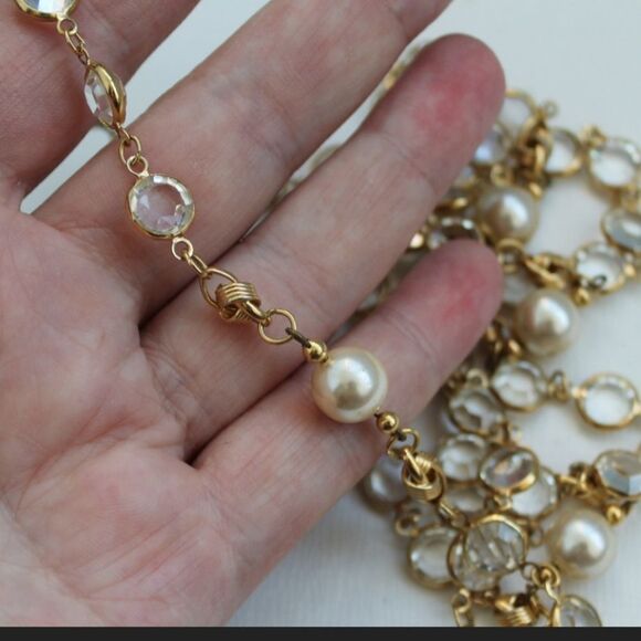 VINTAGE UNSIGNED SWAROVSKI GLASS WINDOW PANE & PEARL 40" NECKLACE - Picture 8 of 10